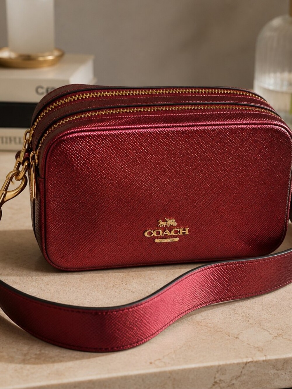 Coach Metallic Crimson Pebbled Leather Crossbody NWOT